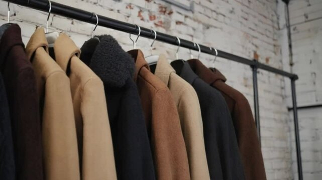 Fashionable winter coats hanging on a rack in a boutique. 