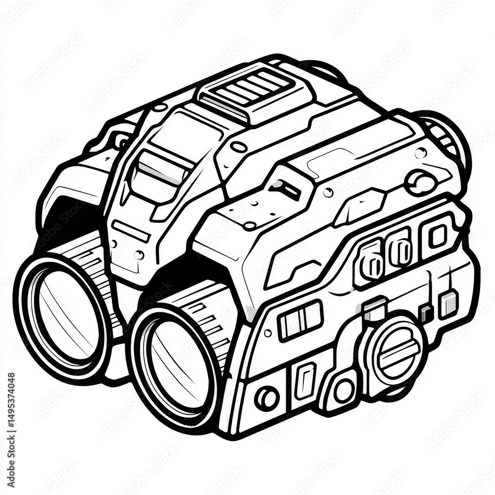 Poster this image features a hand drawn modern illustration of a retro sci-fi device, rendered in a minimal