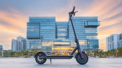 Modern architectural photography is exemplified by an illustration of an electric scooter