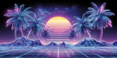 Glowing sun shines brightly behind a vibrant 80s-inspired grid design