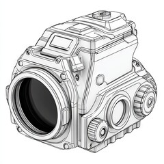 A minimalist depiction of a retro sci-fi device is showcased through a hand drawn modern illustration with detailed features