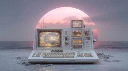A computer of aged appearance is placed in a vivid environment of neon pink and blue
