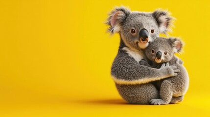 Fototapeta premium Koala mother hugging joey, yellow background, family bond, children's book illustration