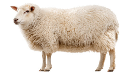 Fluffy Sheep Portrait: A fluffy white sheep stands against a white background, its thick wool and calm expression creating a serene image.