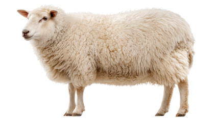 Fluffy Sheep Portrait: A fluffy white sheep stands against a white background, its thick wool and calm expression creating a serene image.