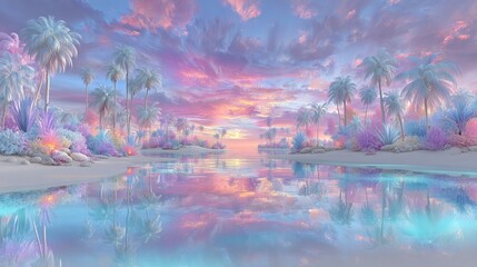 Retrowave is a synthwave-inspired tropical beach featuring glowing palm trees and a pixelated sunset