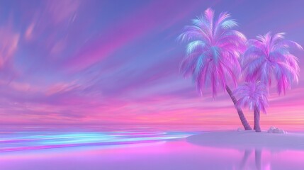A pixelated sunset and glowing palm trees characterize Retrowave, a tropical beach that draws inspiration from synthwave