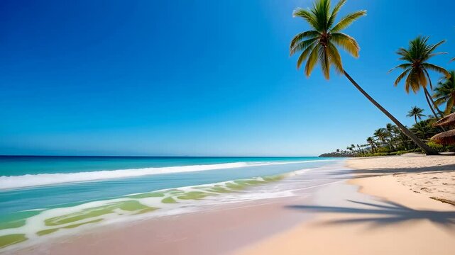 Palm trees on a tropical sandy beach. Untouched white sand, azure sea, blue sky. Beach, relaxation. Travel to warm countries
