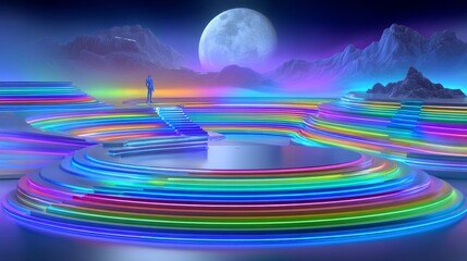 Retro arcade gaming is set against a backdrop of neon lit cosmic scenery and dreamlike atmosphere