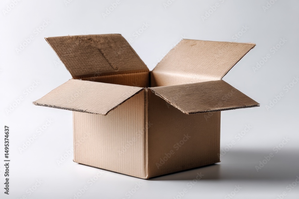 Poster empty cardboard box with open flaps on a neutral background showcasing a versatile packing option