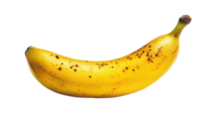 Ripe Banana: A close-up of a single ripe banana, speckled with dark brown spots,  displaying its vibrant yellow color.  A natural representation of ripeness and sweetness.  