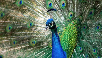 Fototapeta premium Magnificent peacock displaying vibrant feathers in a captivating close-up shot