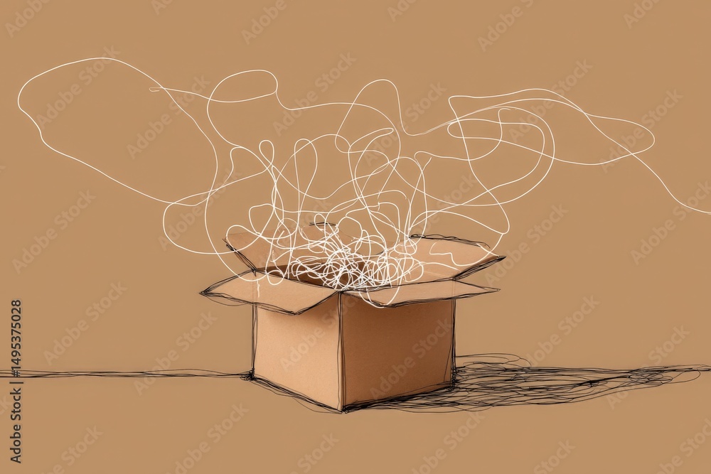 Poster creative thoughts emerge from an open box filled with abstract lines and shapes in a minimalist sett
