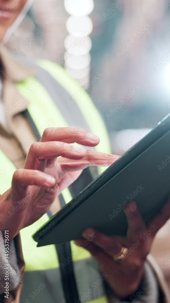 Poster hands, tablet and scroll for supply chain with logistics, schedule and inventory management at plant
