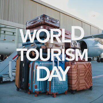 A large stack of varied and colorful travel luggage bags sits on airport tarmac next to modern airplane stairs, representing global journeys celebration for World Tourism Day footage.