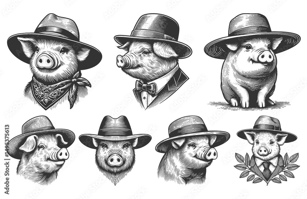 Poster pigs dressed in hats and suits set collection bundle sketch engraving generative ai vector illustrat