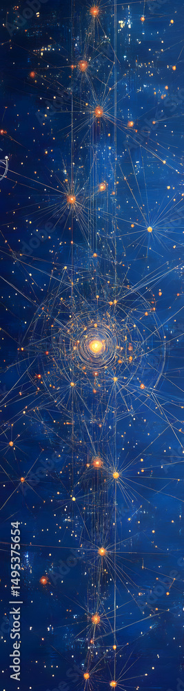 Wall mural web of interconnected nodes envelops a fortified digital core vertical banner - wide skyscraper - bl