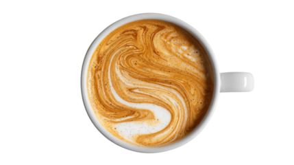 Latte Art Delight: An overhead shot of a pristine white cup filled with a latte, its creamy surface adorned with intricate, swirling latte art