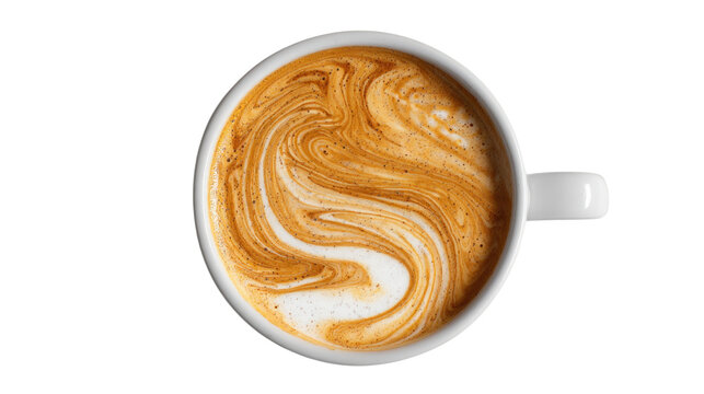 Latte Art Delight: An overhead shot of a pristine white cup filled with a latte, its creamy surface adorned with intricate, swirling latte art