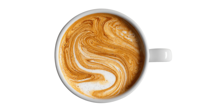 Latte Art Delight: An overhead shot of a pristine white cup filled with a latte, its creamy surface adorned with intricate, swirling latte art