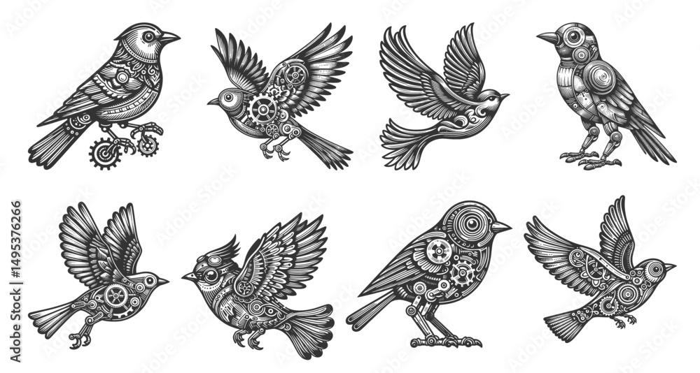 Poster steampunk birds set collection bundle sketch engraving generative ai vector illustration. scratch bo