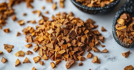 Chopped, dry golden chunks piled against white