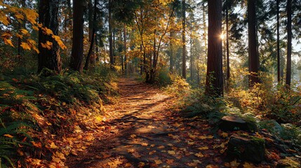 Autumn walk through a serene forest path tranquil nature setting vibrant fall foliage morning light