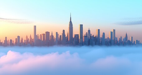 City skyline above clouds at dawn