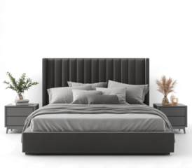 Modern bedroom with a gray bed and nightstands, isolated on a transparent background