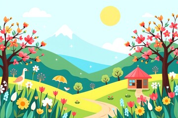 Fototapeta premium Idyllic Spring Landscape Colorful Flowers Blooming Near a Charming Cottage in a Sunny Mountain Valley