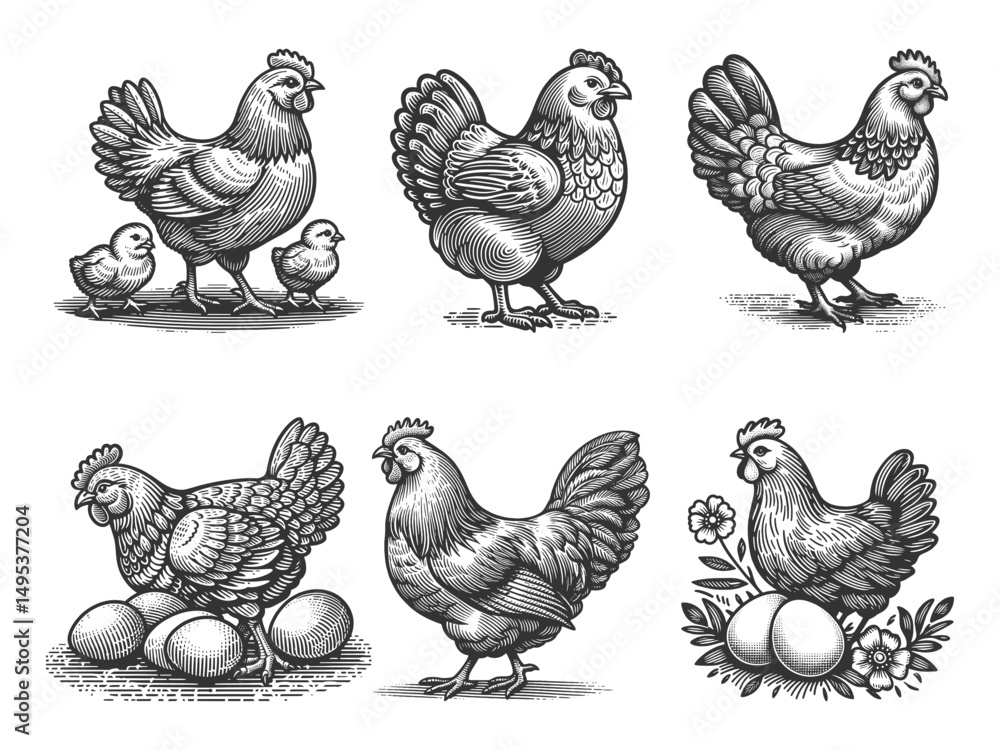 Poster hen and chick set collection bundle sketch engraving generative ai vector illustration. scratch boar