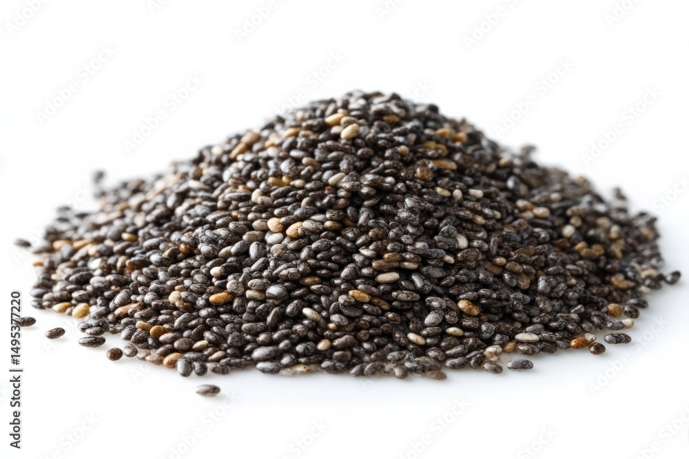 Poster chia seeds piled in a mound showing texture and colors in a clean setting