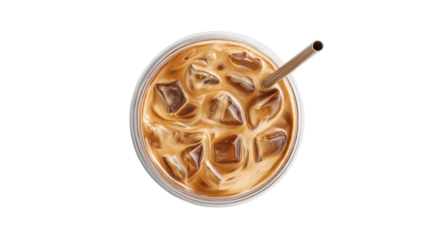 Cool beverage enjoyment: Top-down view of a refreshing iced coffee, with a paper straw, promising a moment of cool refreshment.