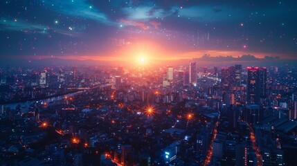 Obraz premium A panoramic view of a smart city at night, with interconnected systems managing traffic, energy, and safety. The image highlights the seamless integration of technology into urban planning and living.