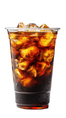 Refreshing Iced Drink: A close-up studio shot reveals a transparent cup filled to the brim with ice and a rich, dark beverage, offering a tantalizing glimpse of a cool refreshment.