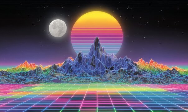 An 80s Retro Sci-Fi Background Summer Landscape is defined by its retro background, futuristic landscape in 1980s style, digital retro landscape cyber surface, and a retro music album cover template