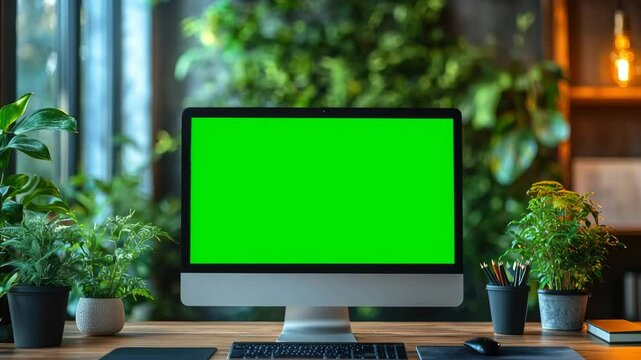 Computer Mockup with Green Screen on Wooden Desk Surrounded by Indoor Plants