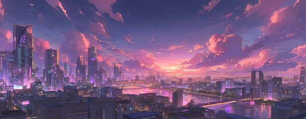 A vibrant, manually created depiction of a city in the future featuring modern skyscrapers and neon illumination, neon, urban scenery, futuristic