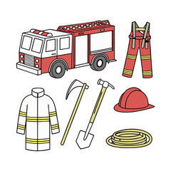  Set of Firefighting Equipment Including Tools, Uniform, and Fire Truck Illustration