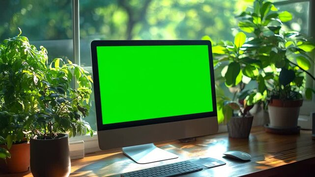 Computer Mockup with Green Screen on Wooden Desk Surrounded by Indoor Plants