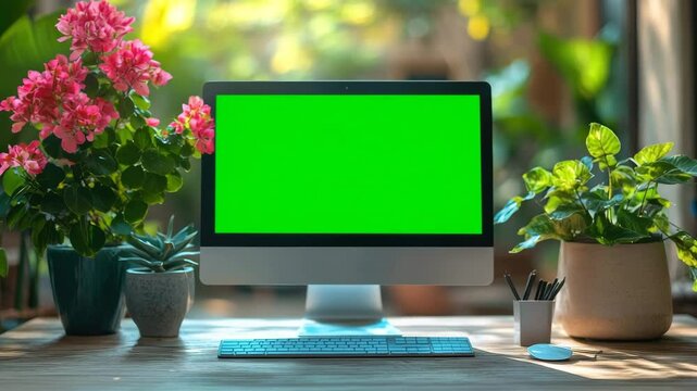 Computer Mockup with Green Screen on Wooden Desk Surrounded by Indoor Plants