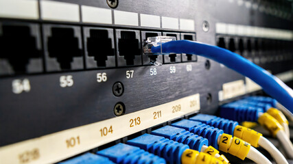 A prominent CAT6 LAN cable stands out clearly on a network patch panel, showcasing modern data infrastructure and organized cabling in a professional IT environment.  structured networks