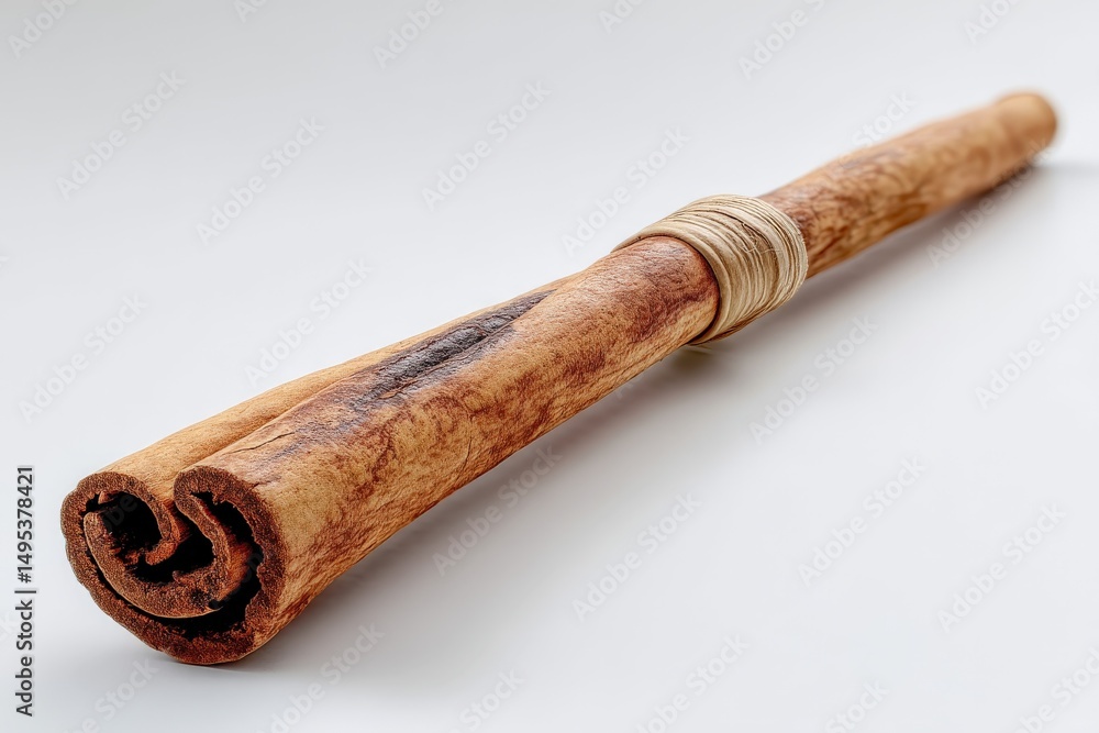 Poster rolled cinnamon stick with natural texture placed on a light background close to a smooth surface