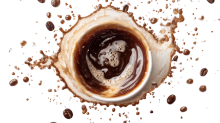 Coffee Splash: Witness a captivating coffee splash with coffee beans dancing around a porcelain cup filled with rich, aromatic coffee, portraying the dynamic energy and sensory experience.