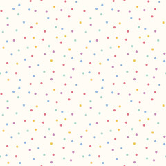 Seamless pastel confetti pattern with small multicolor dots on cream background. Minimalist, playful design for kids decor, party invitations, wrapping paper, fabric, stationery, packaging, nursery