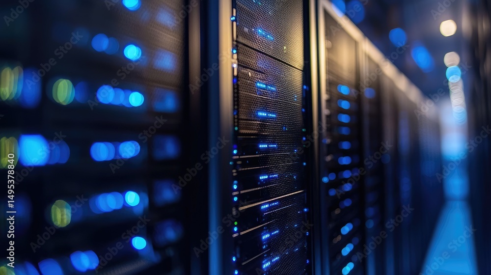 Poster Close-up view of modern data center servers with blue LED lights, ideal for illustrating cloud computing, IT infrastructure, and data storage technology scenes