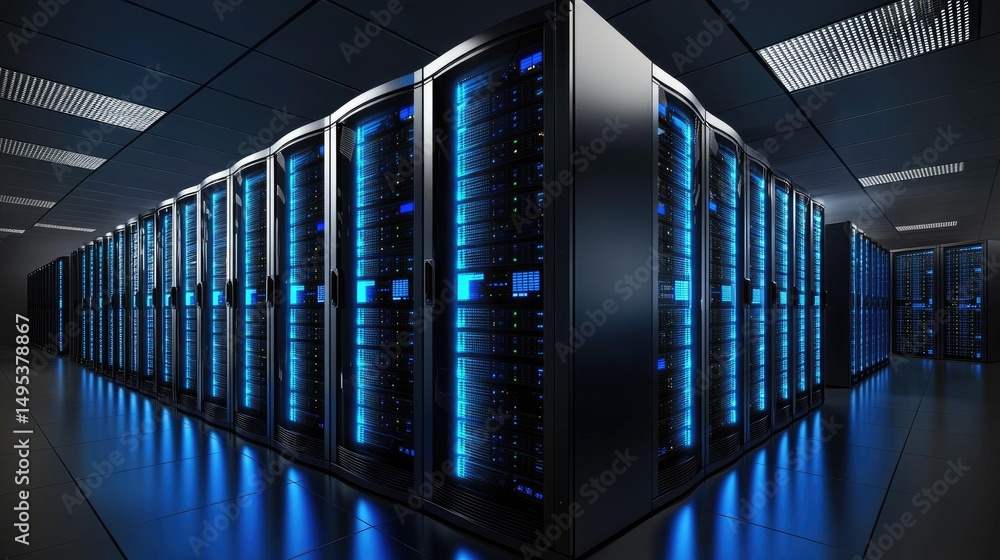 Aufkleber Futuristic data center interior with high-performance servers glowing in blue, great for illustrating big data, IT management, and secure network environments