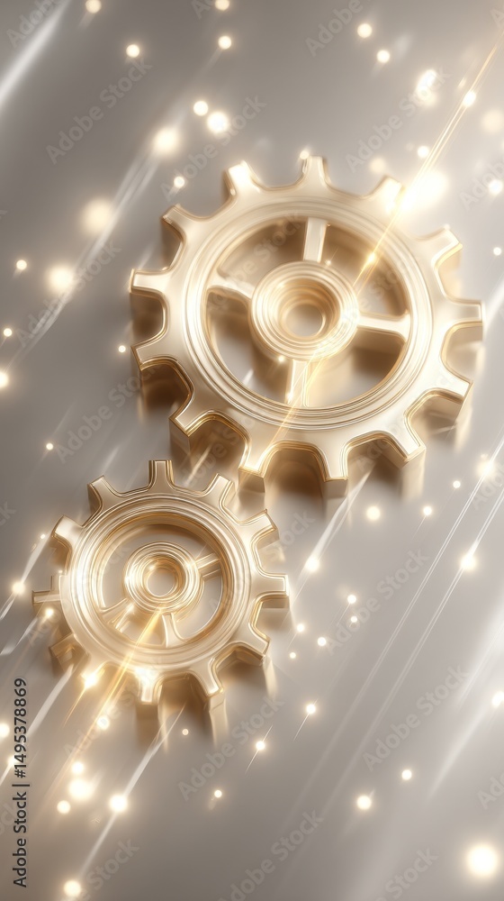 Poster golden gears in intricate detail are visible in close-up as they move in the background