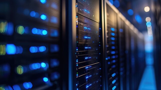 Close-up view of modern data center servers with blue LED lights, ideal for illustrating cloud computing, IT infrastructure, and data storage technology scenes