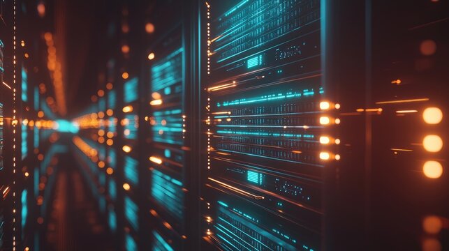 Abstract motion blur of vibrant data servers with neon lights, ideal for futuristic tech themes, cloud infrastructure, and innovation-focused digital backdrops